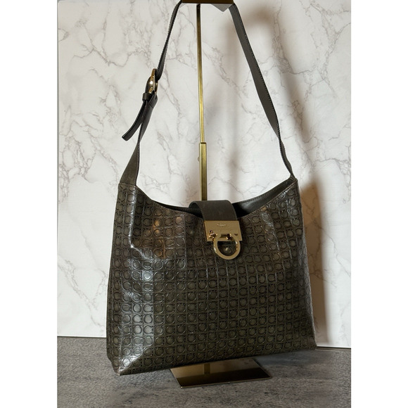 SALVATORE FERRAGAMO Logo Gancini Handbag Embossing Leather Brown Large Rare - Picture 8 of 16